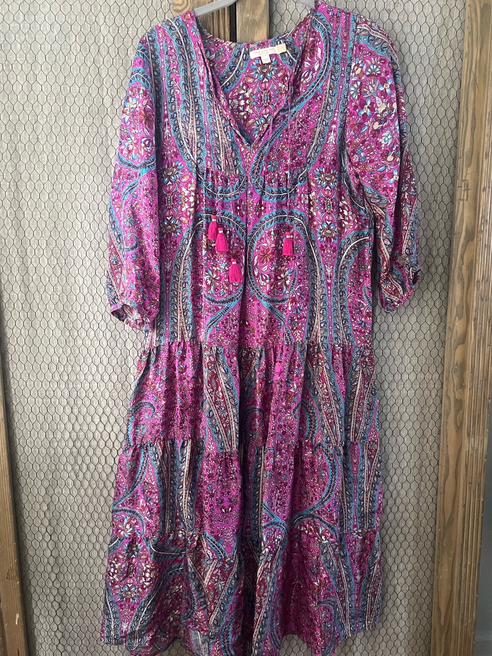 Pink Chicken Pink Paisley Tiered Midi Dress with Blue Accents